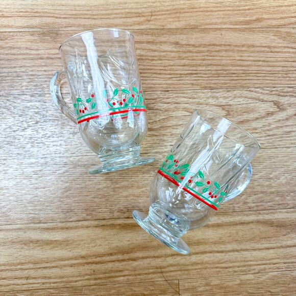 Vintage 1980s Christmas Mug Set Irish Coffee Mugs with a Holly Design Gold Rim - Picture 1 of 4